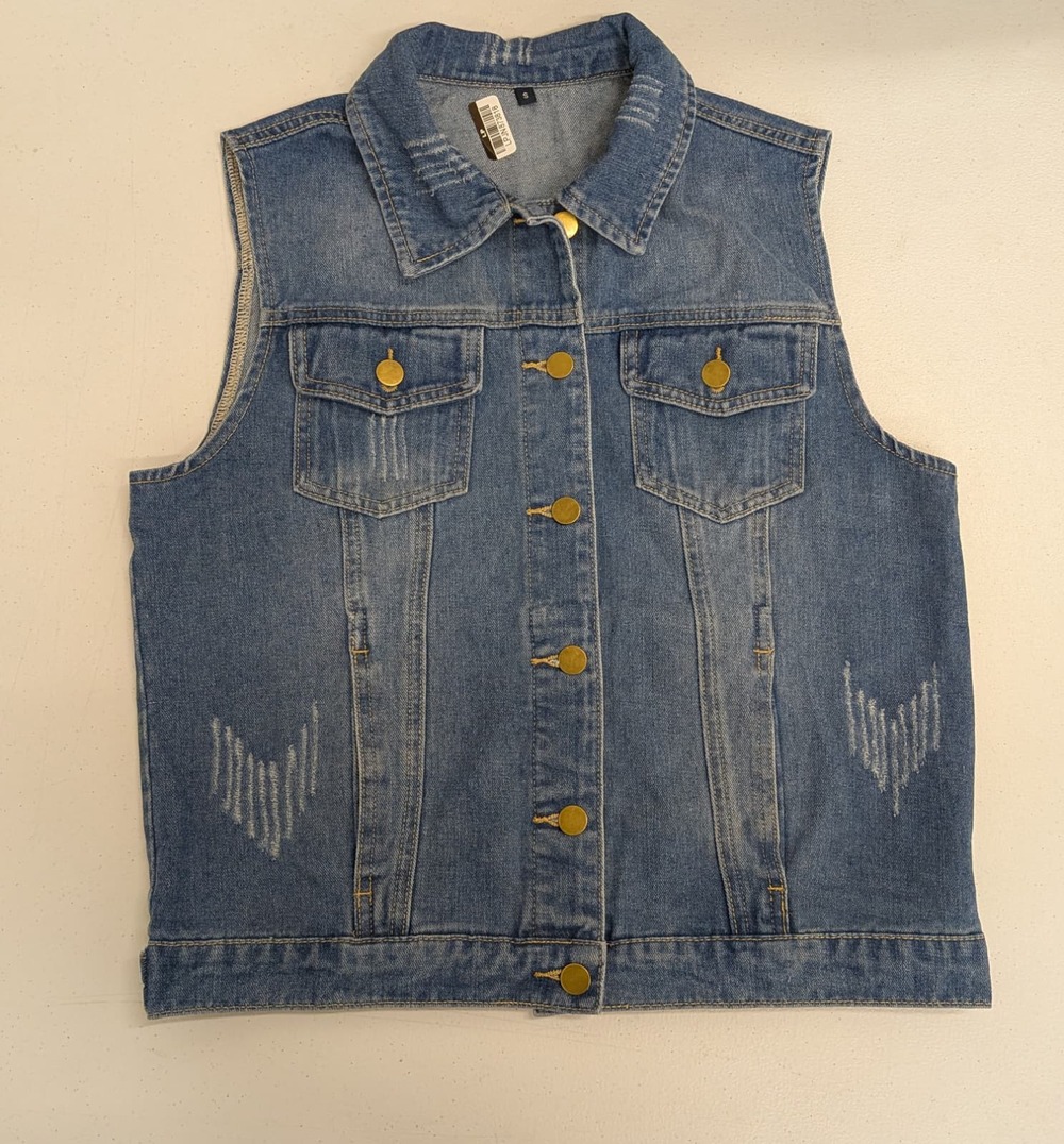 Womens Denim Vest Sleeveless Jean Jacket Distressed Button Front Size S
